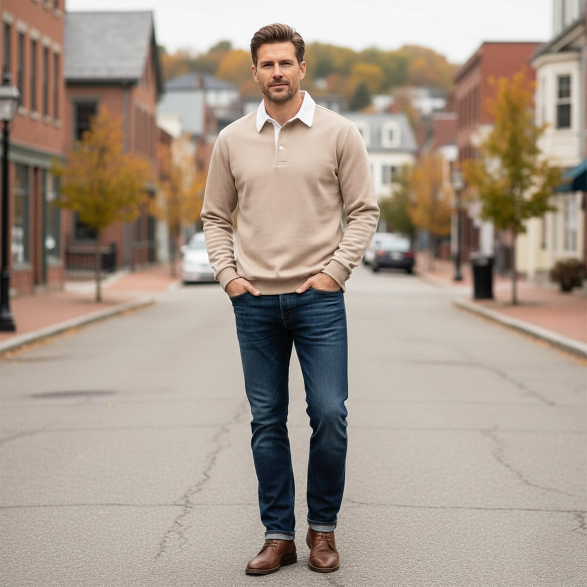 Axel | Men's Long Sleeve Polo Shirt Cream White Collar