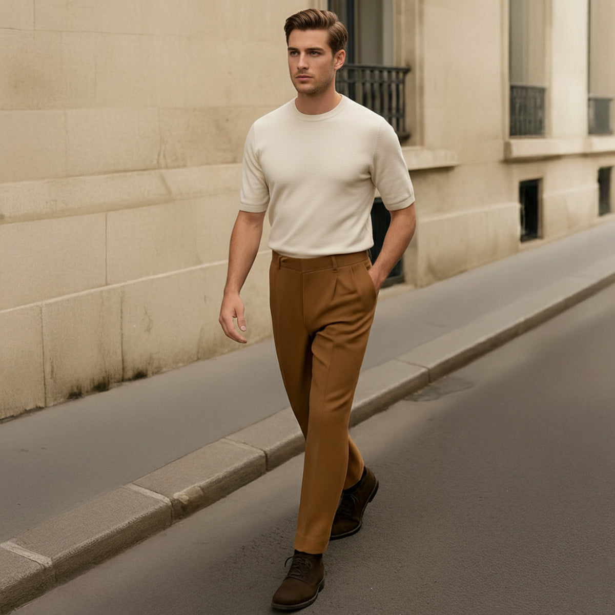 Bram | Men's Pleated Dress Pants Brown Tapered Ankle