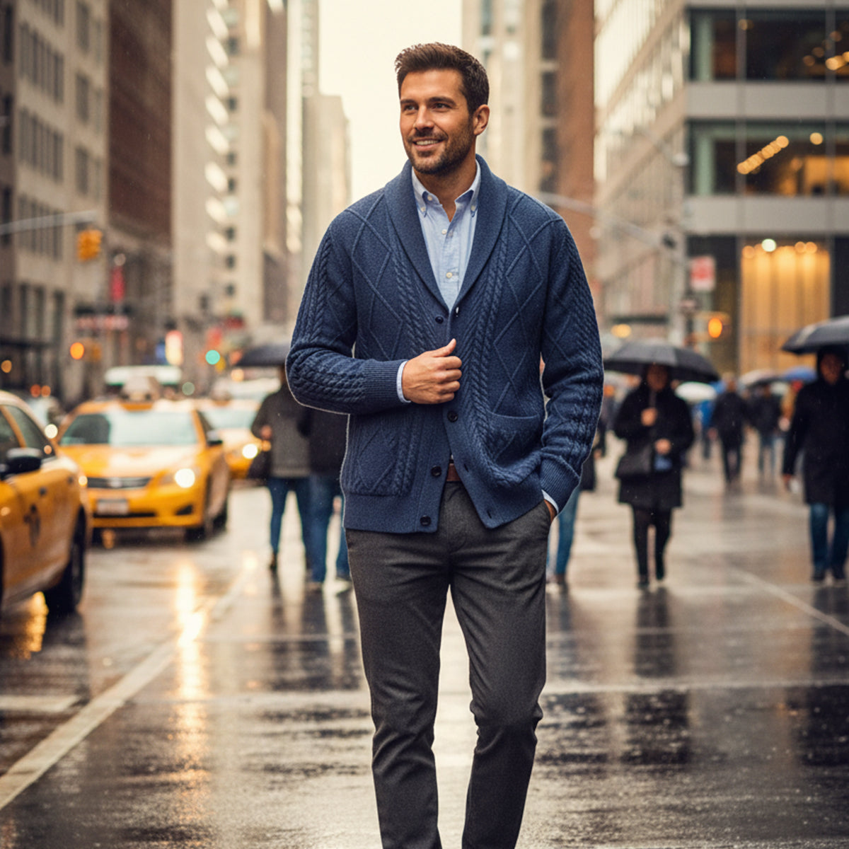 Bram | Men's Cable Knit Cardigan Navy Blue Shawl Collar