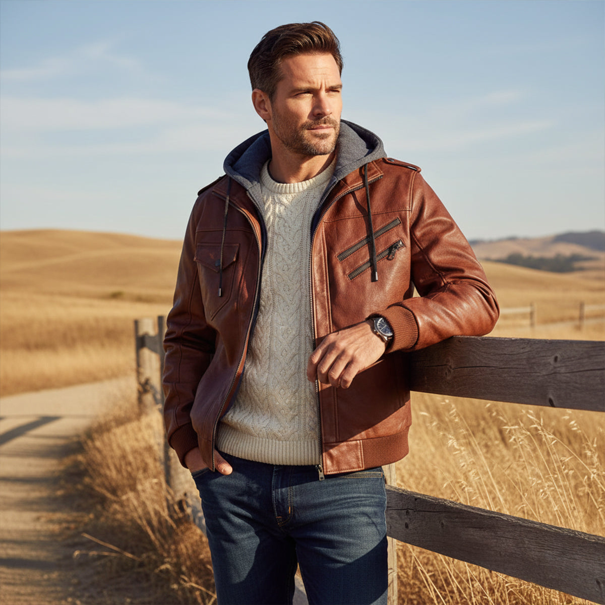 Axel | Men's Leather Bomber Jacket Brown Hooded Zip Up