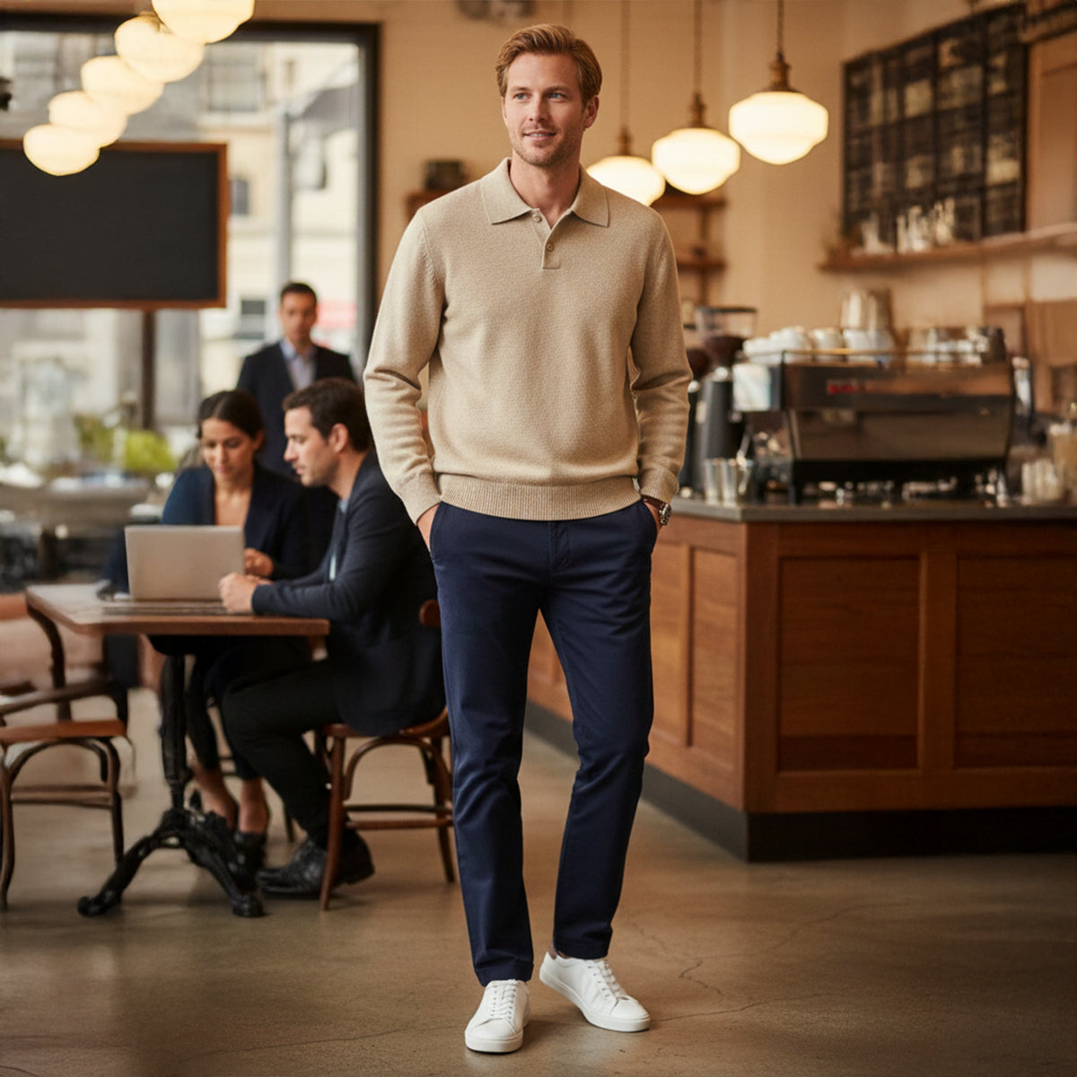 Beau | Men's Crew Neck Polo Sweater Cream Cashmere Long Sleeve