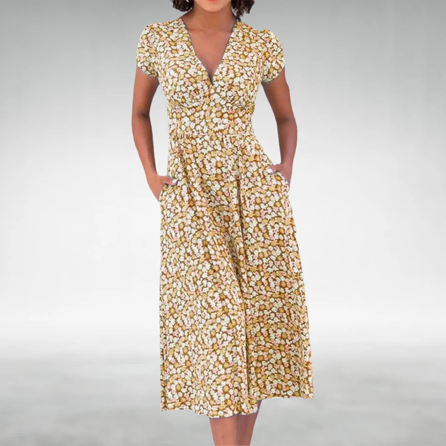 Camille | Women's Floral Midi Dress Blue White Short Sleeve