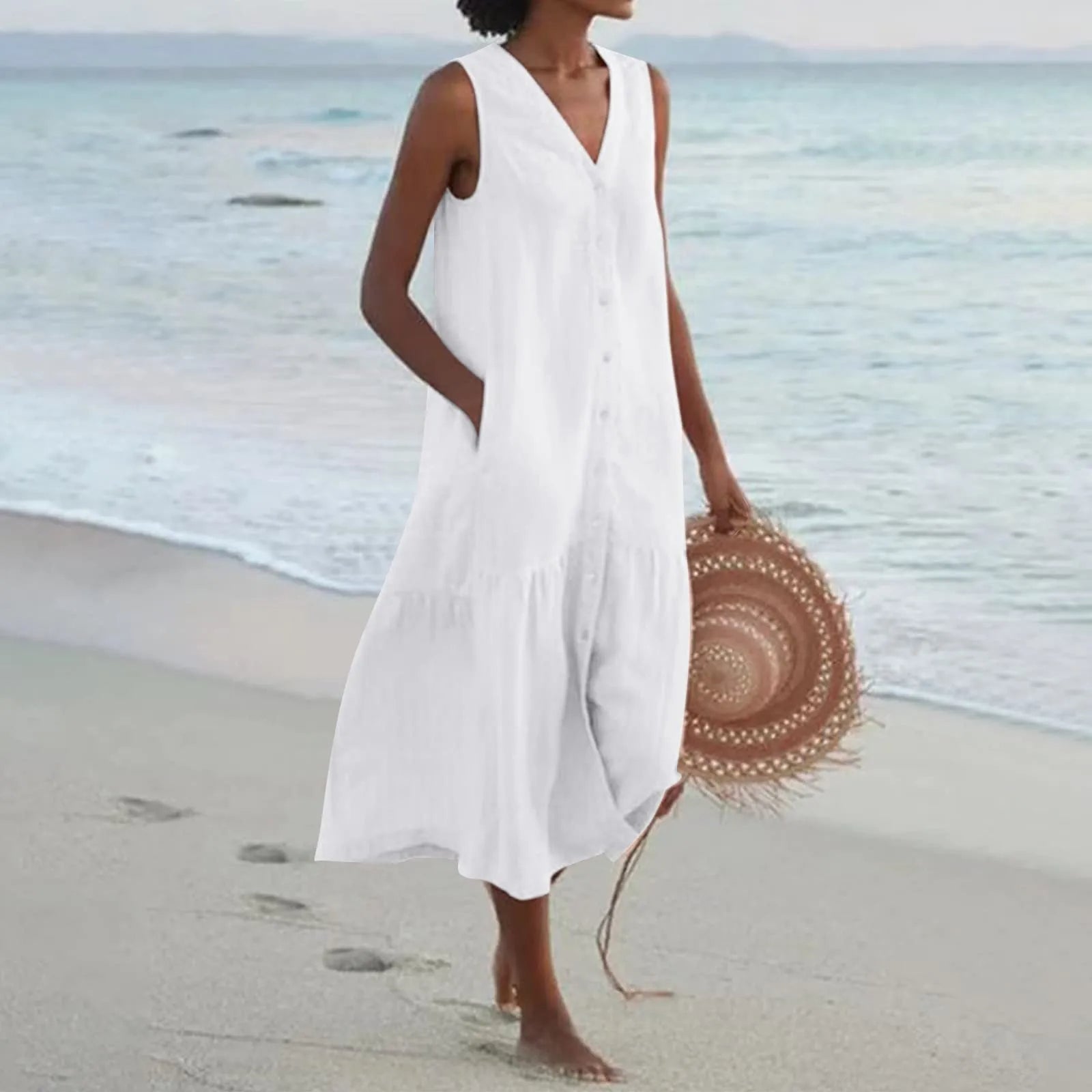 Isla | Women's Vacation Dress Sleeveless V Neck Cream Linen Midi