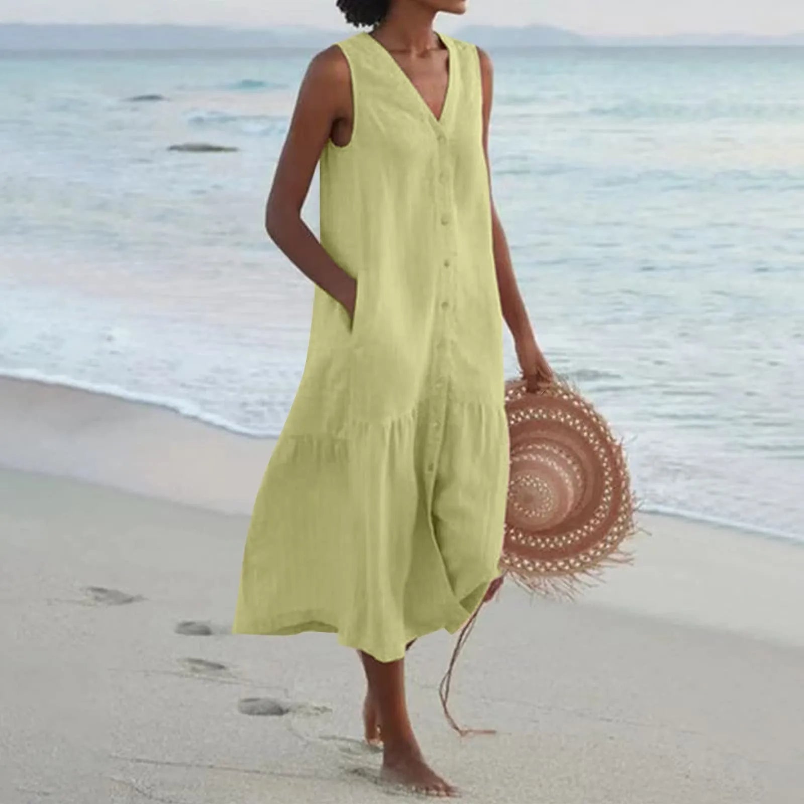 Isla | Women's Vacation Dress Sleeveless V Neck Cream Linen Midi