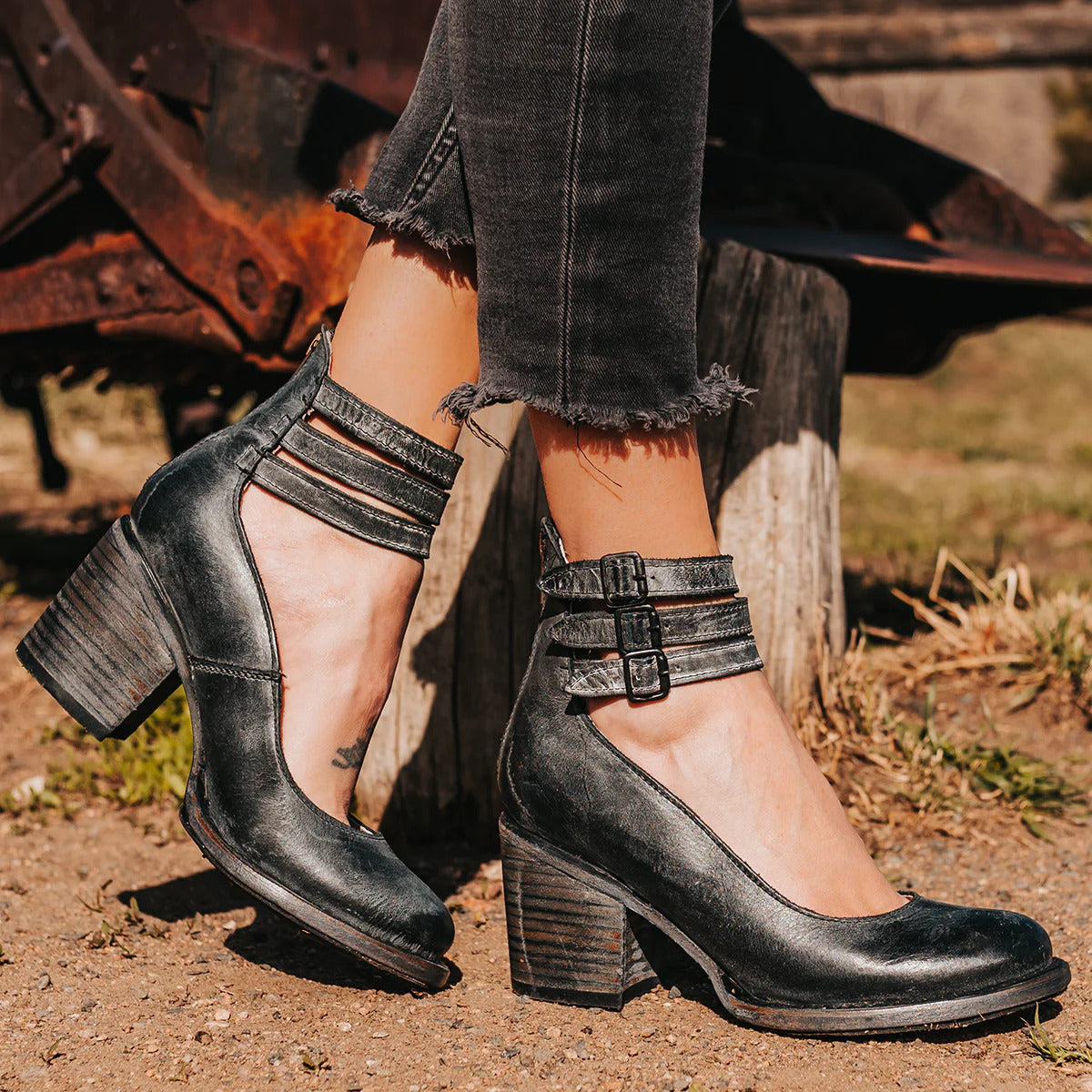 Camille | Women's Ankle Strap Block Heel Booties Black Distressed