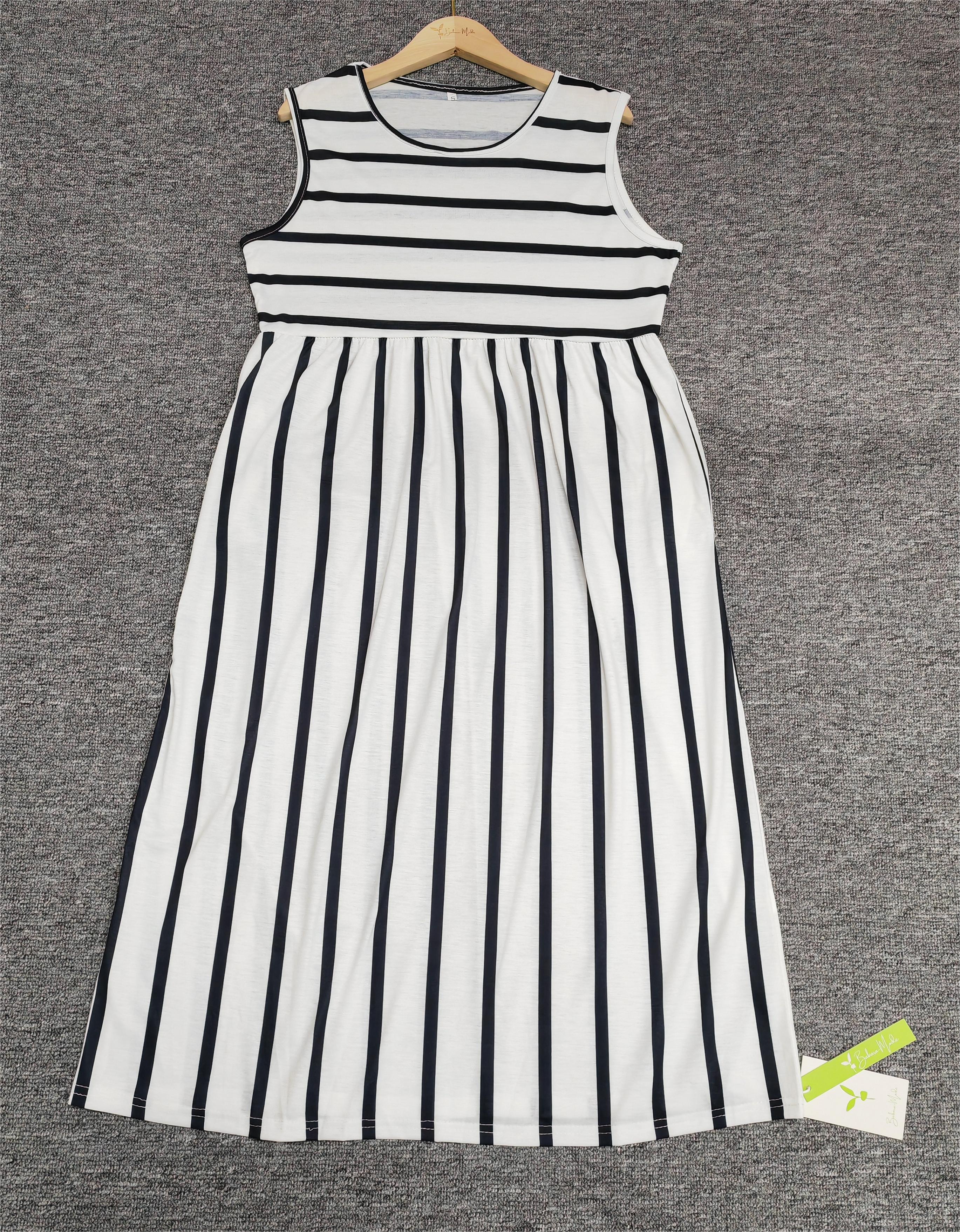 Ada | Women's Striped Midi Dress Sleeveless White Black