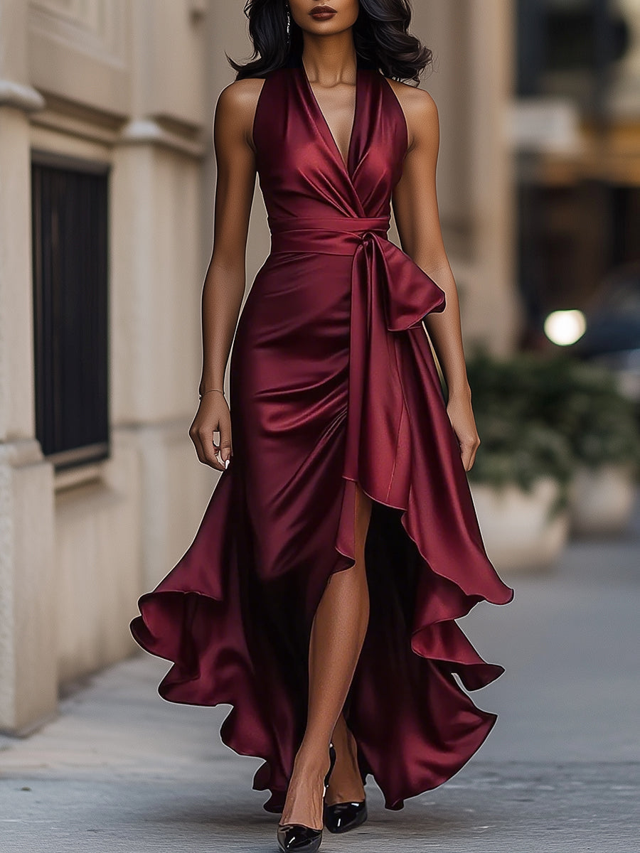 Ayla | Women's Satin Wrap Dress Navy Halter Neck