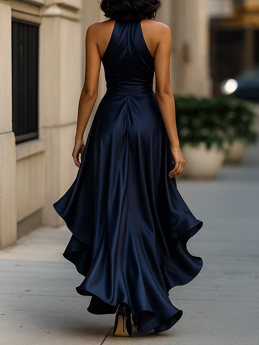 Ayla | Women's Satin Wrap Dress Navy Halter Neck
