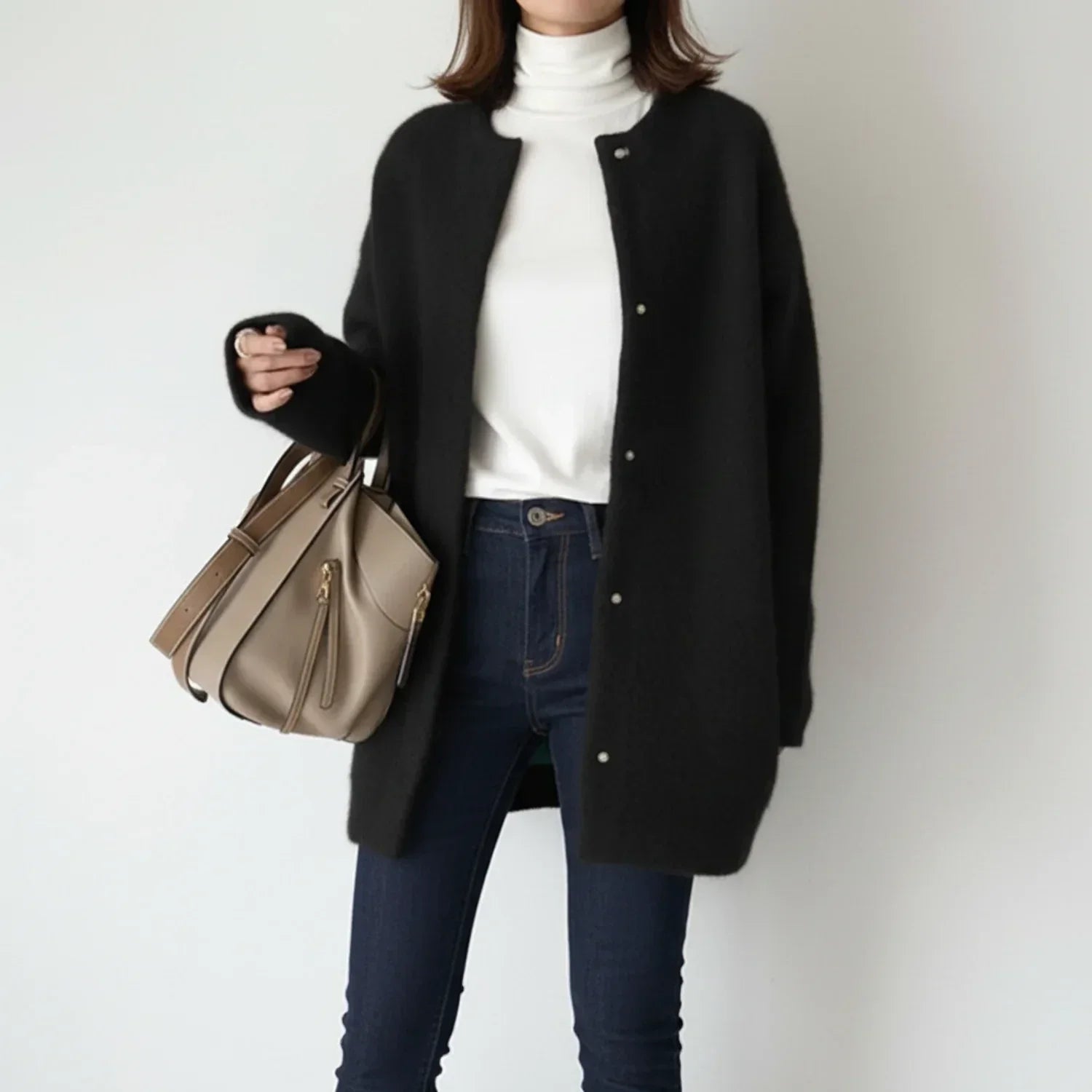 Lena | Women's Long Cardigan Sweater Beige Button Front