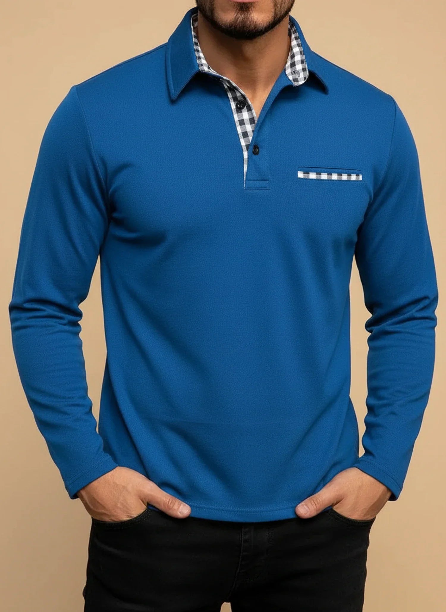Axel | Men's Polo Shirt Long Sleeve Burgundy Checkered Collar