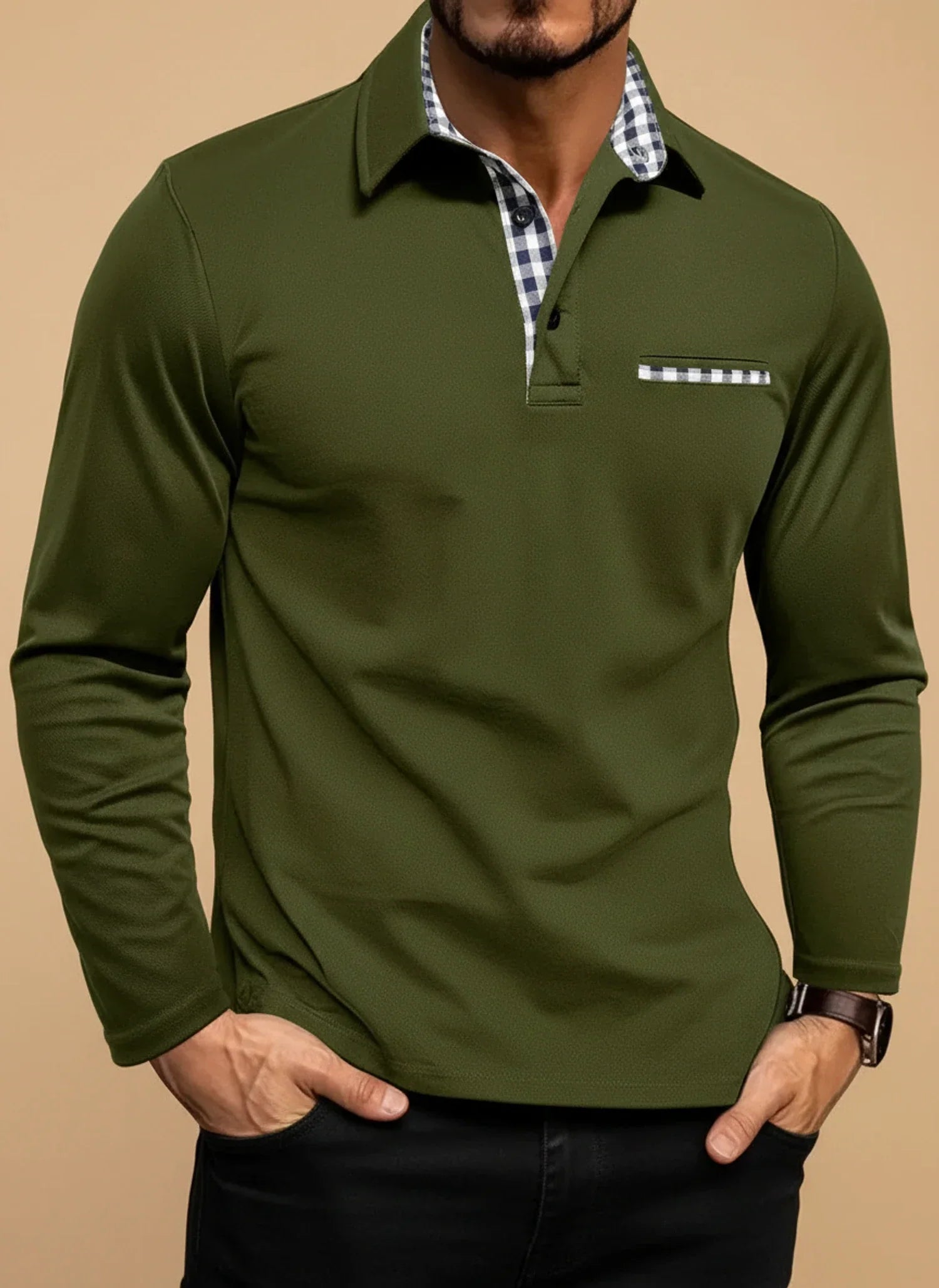 Axel | Men's Polo Shirt Long Sleeve Burgundy Checkered Collar