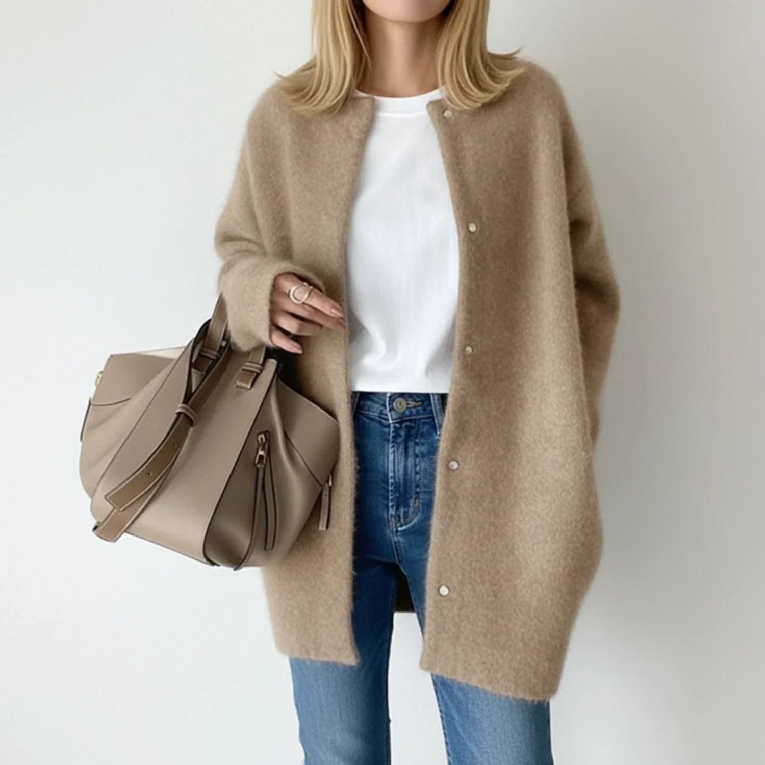 Ivy | Women's Long Cardigan Sweater Beige Button Front
