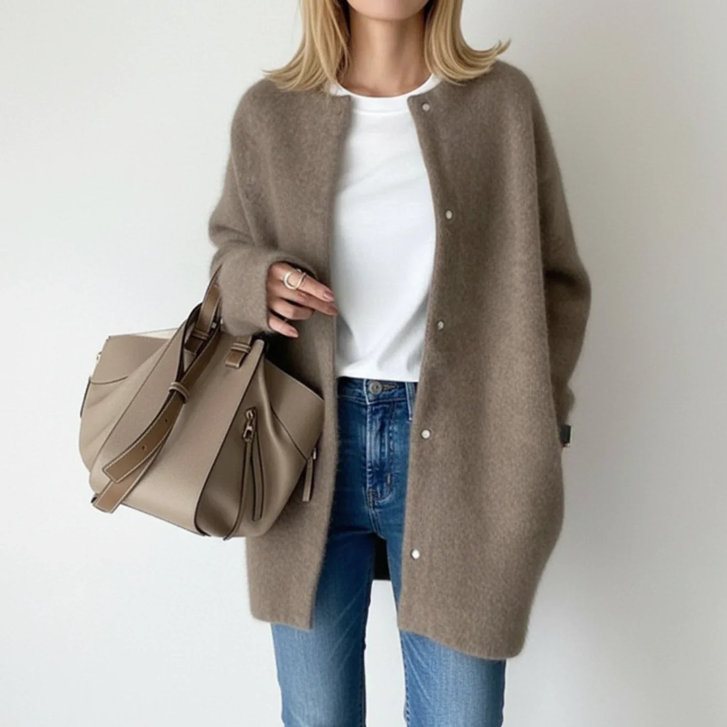 Ivy | Women's Long Cardigan Sweater Beige Button Front