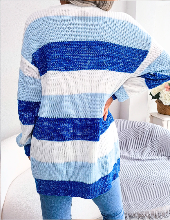 Esme | Women's Colorblock Knit Cardigan Light Blue Navy White