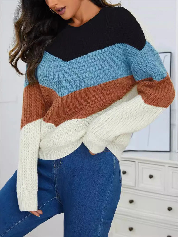 Greta | Women's Color Block Knit Sweater Light Blue