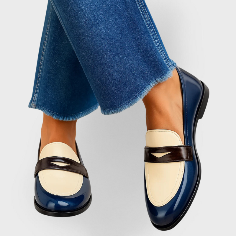 Vera | Women's Penny Loafer Cream Navy Patent Leather