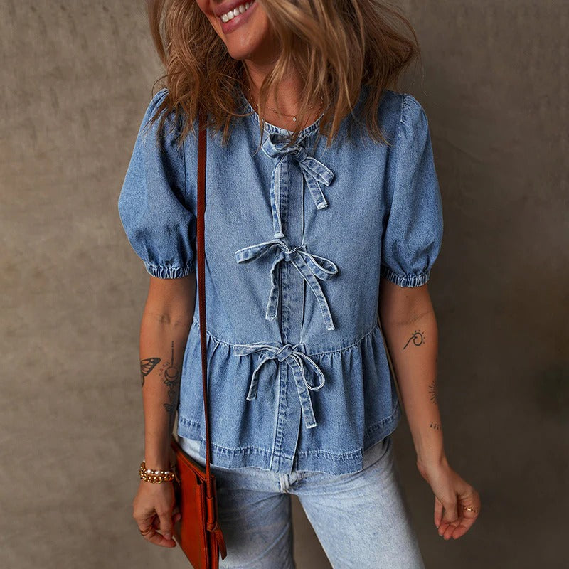 Faye | Women's Denim Shirt Puff Sleeve Light Blue Tie Front