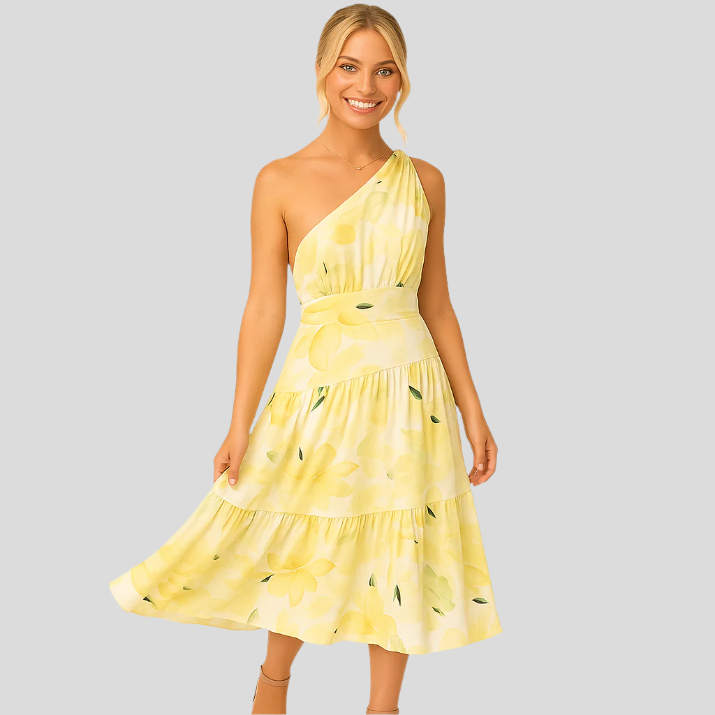 Wren | Women's One Shoulder Floral Midi Dress Cream