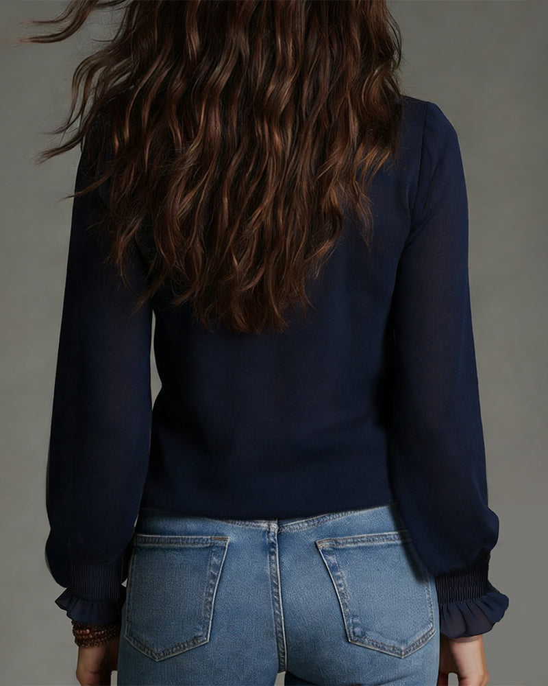 Vera | Women's Ruffle V Neck Blouse Navy Long Sleeve
