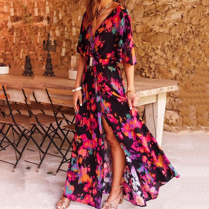 Maren | Women's Wrap Maxi Dress Green Floral Midi Length