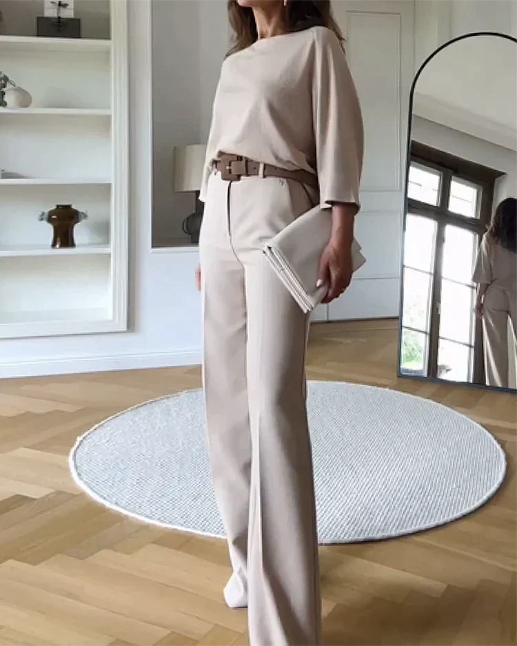 Cleo | Women's Wide Leg Pants Cream Belted High Waisted