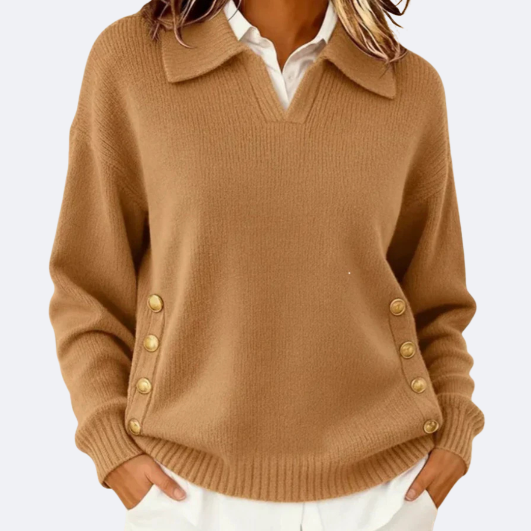 Nina | Women's Collared Knit Sweater Brown Button Detail