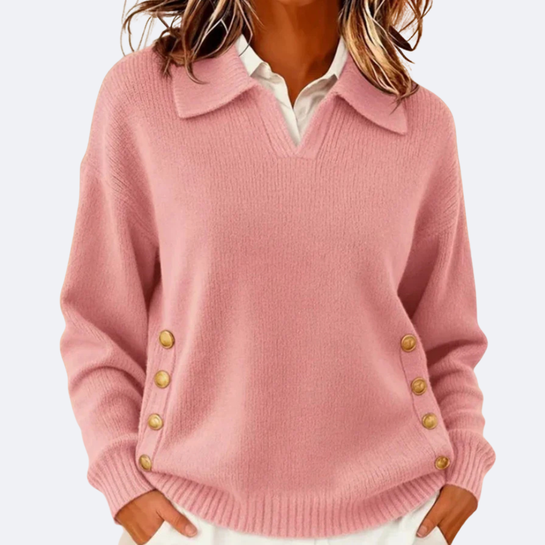 Nina | Women's Collared Knit Sweater Brown Button Detail