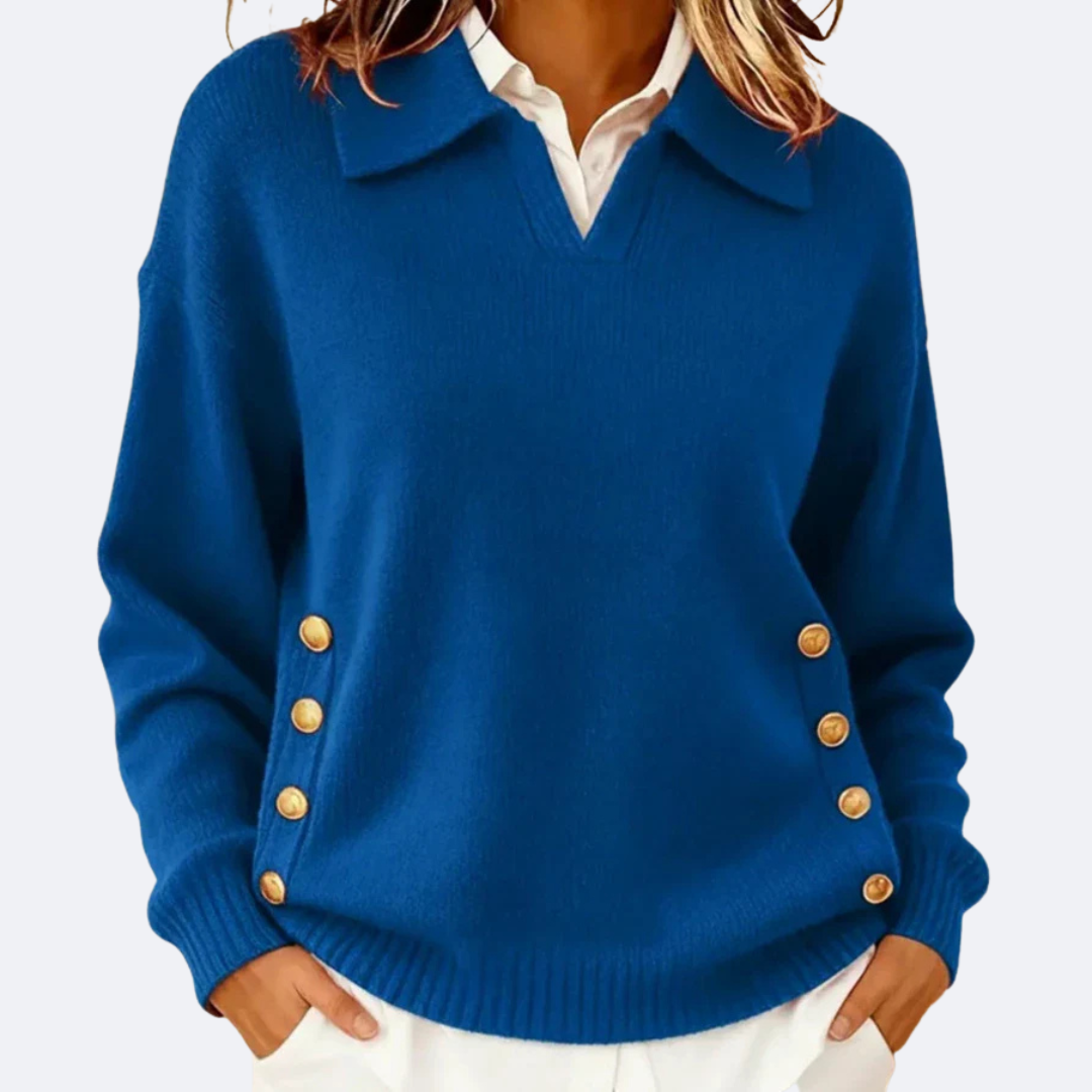 Nina | Women's Collared Knit Sweater Brown Button Detail