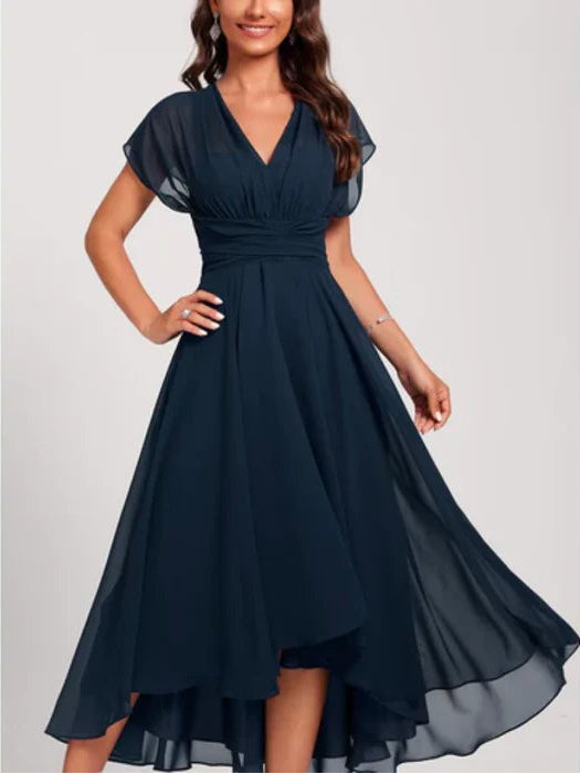 Rosa | Women's V Neck Midi Dress Navy Chiffon