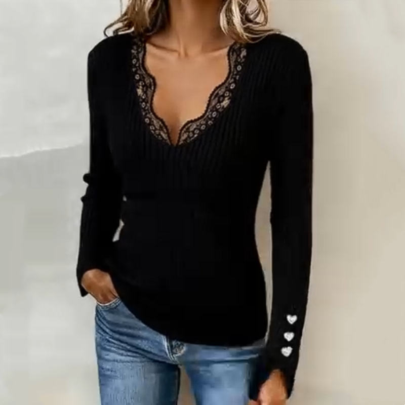 Vera | Women's Ribbed Long Sleeve Top Black Lace V Neck