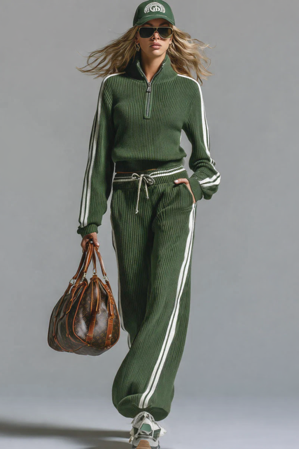 Lola | Women's Striped Knit Set Green Ribbed Quarter Zip