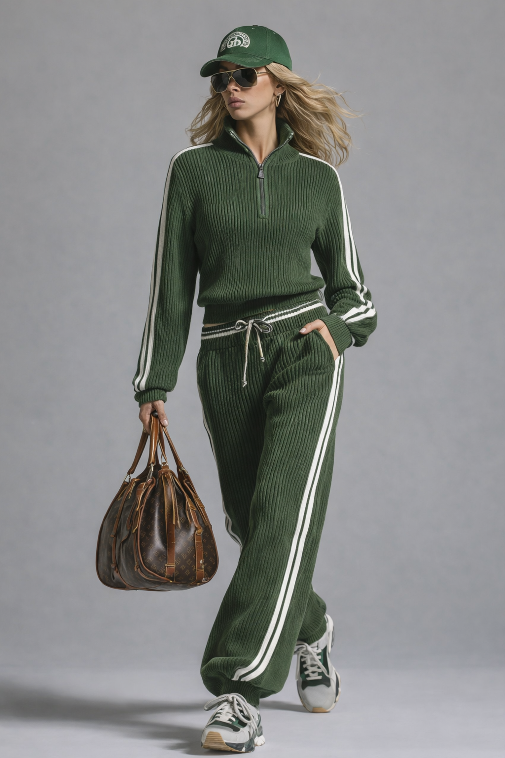 Lola | Women's Striped Knit Set Green Ribbed Quarter Zip