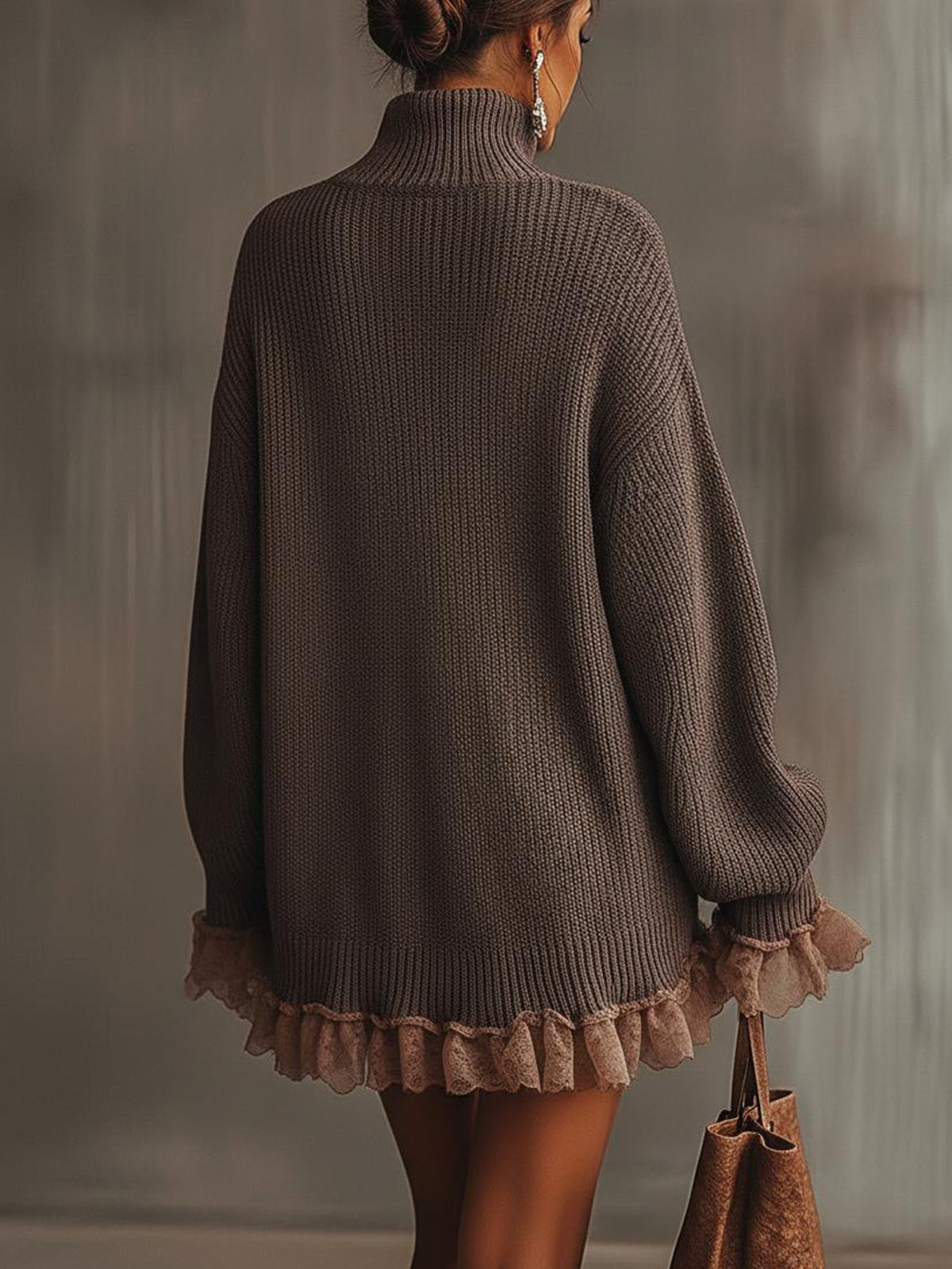 Ella | Women's Oversized Sweater Dress Brown Lace Trim