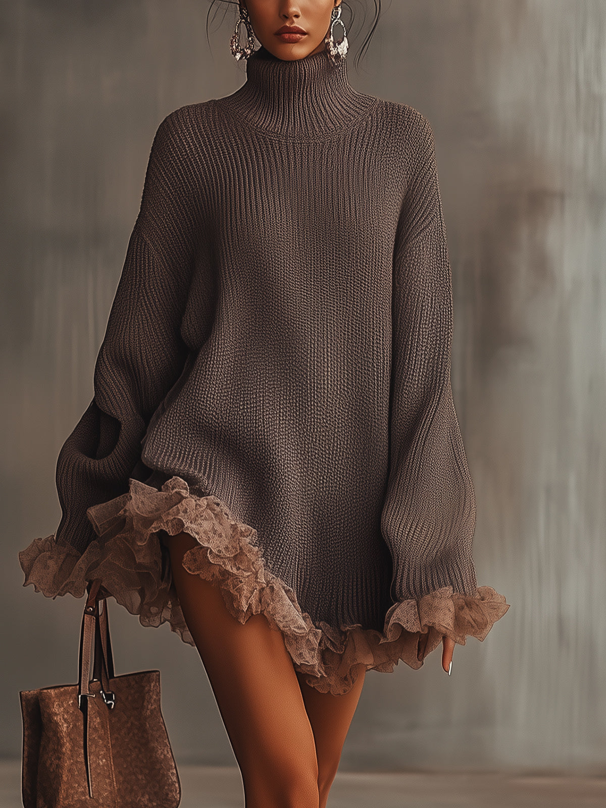 Ella | Women's Oversized Sweater Dress Brown Lace Trim