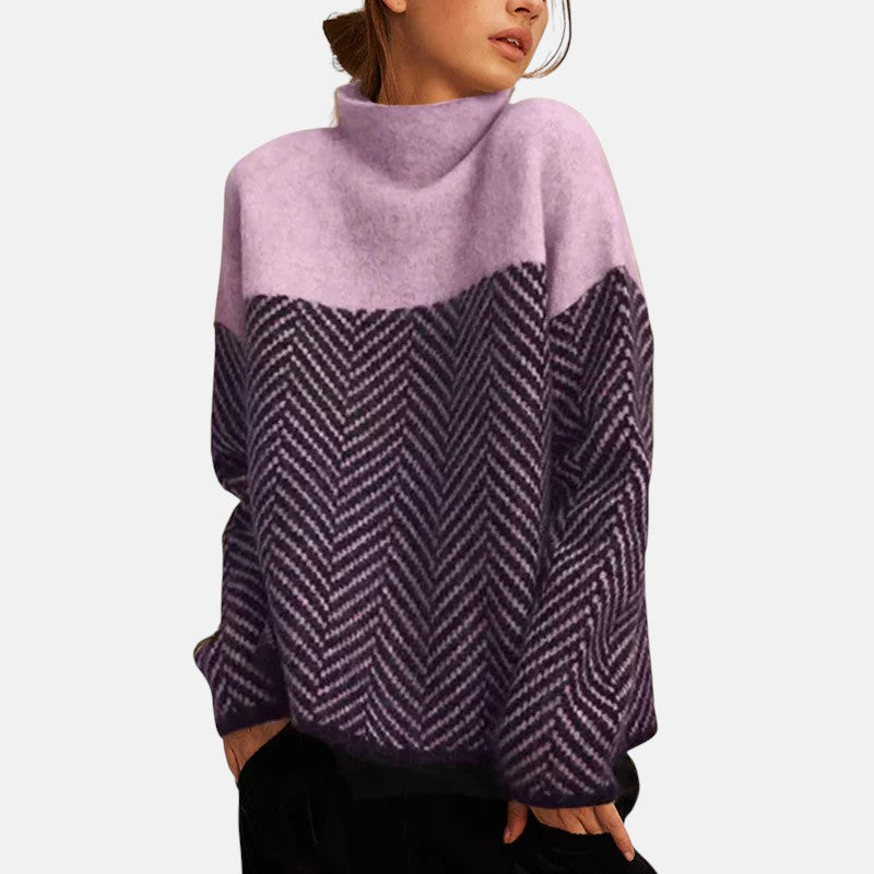 Maeve | Women's Turtleneck Chevron Knit Sweater Black Cream