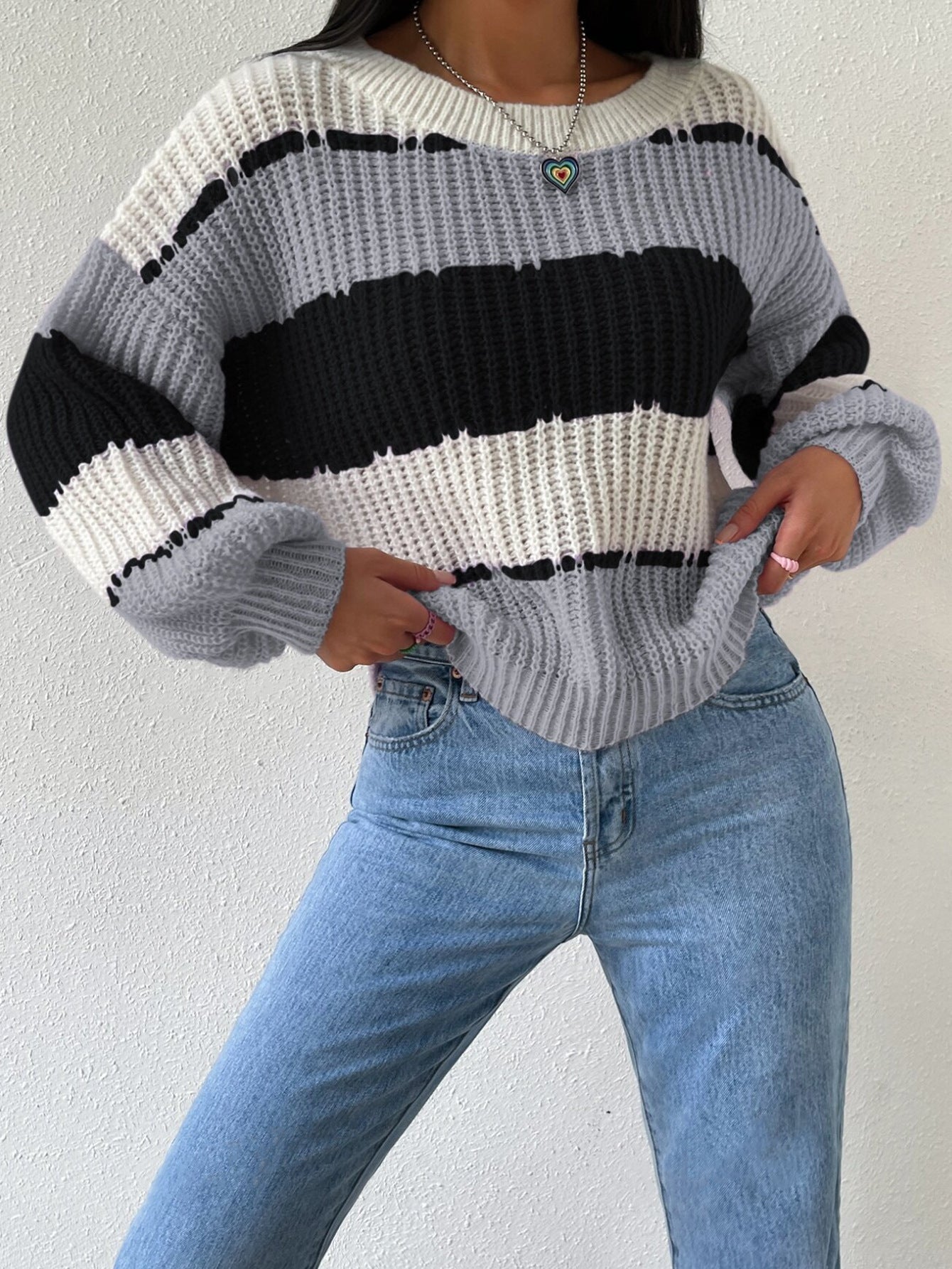 Lola | Women's Color Block Striped Knit Sweater Purple Cream