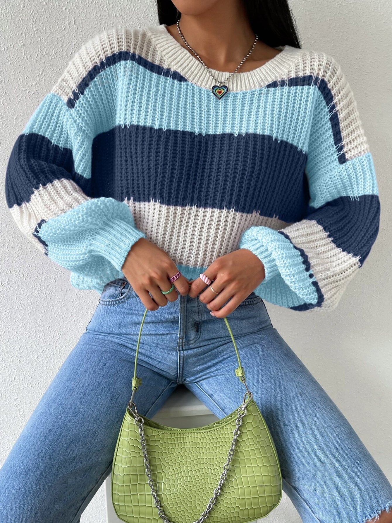 Lola | Women's Color Block Striped Knit Sweater Purple Cream
