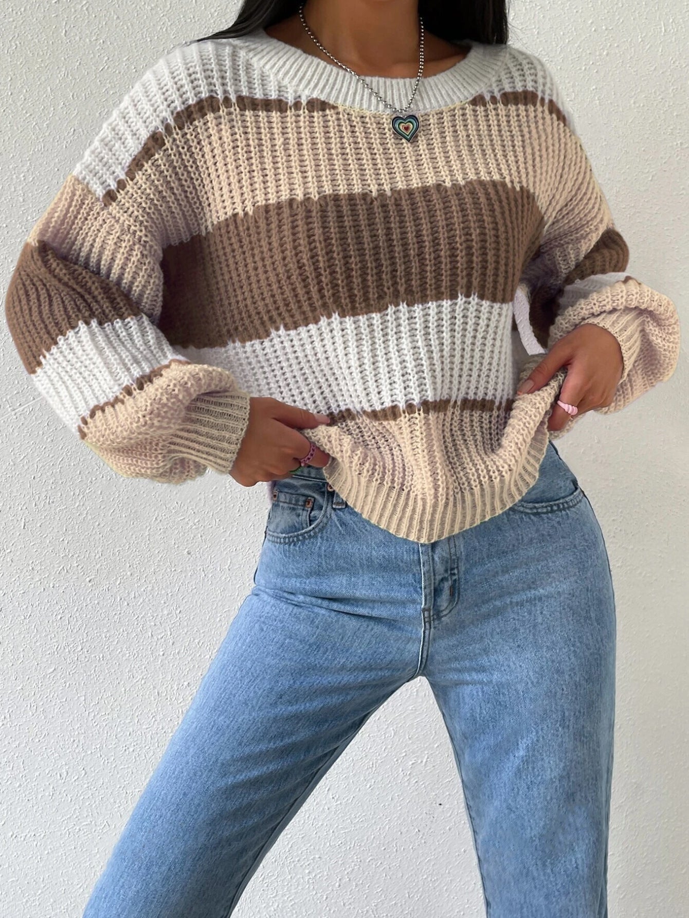 Lola | Women's Color Block Striped Knit Sweater Purple Cream