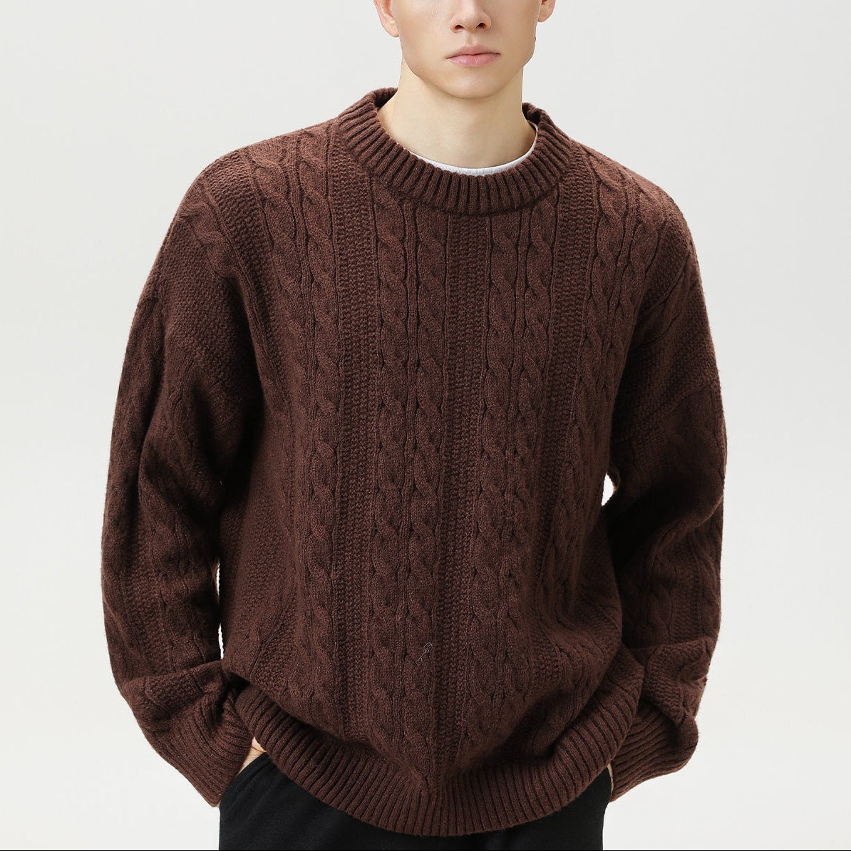 Axel | Men's Cable Knit Sweater Burgundy Crew Neck