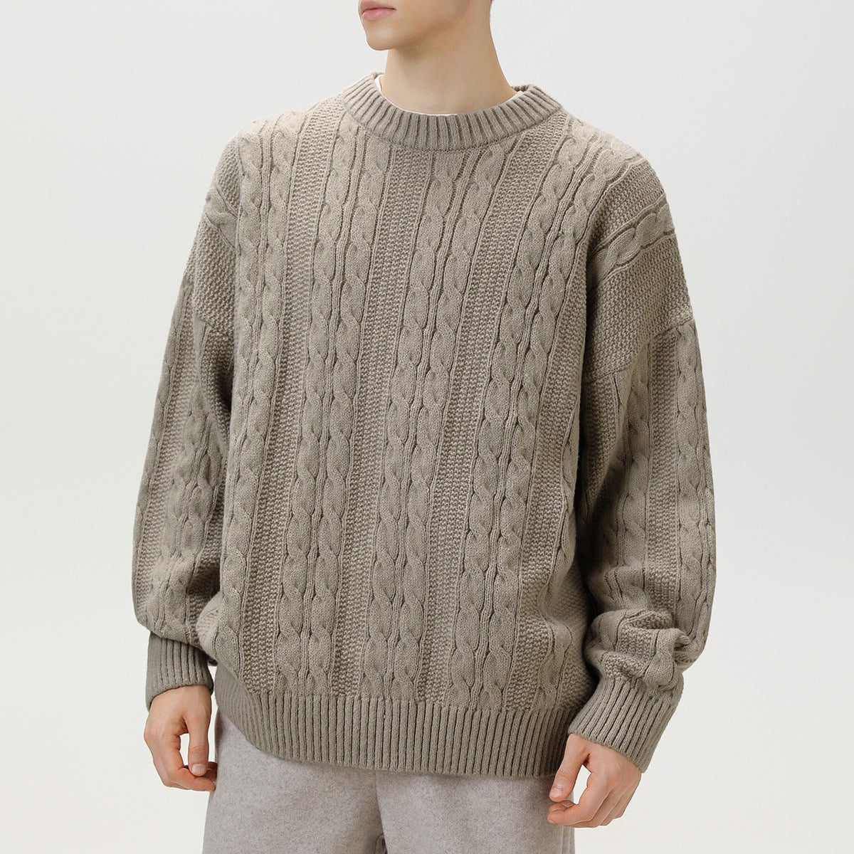 Axel | Men's Cable Knit Sweater Burgundy Crew Neck