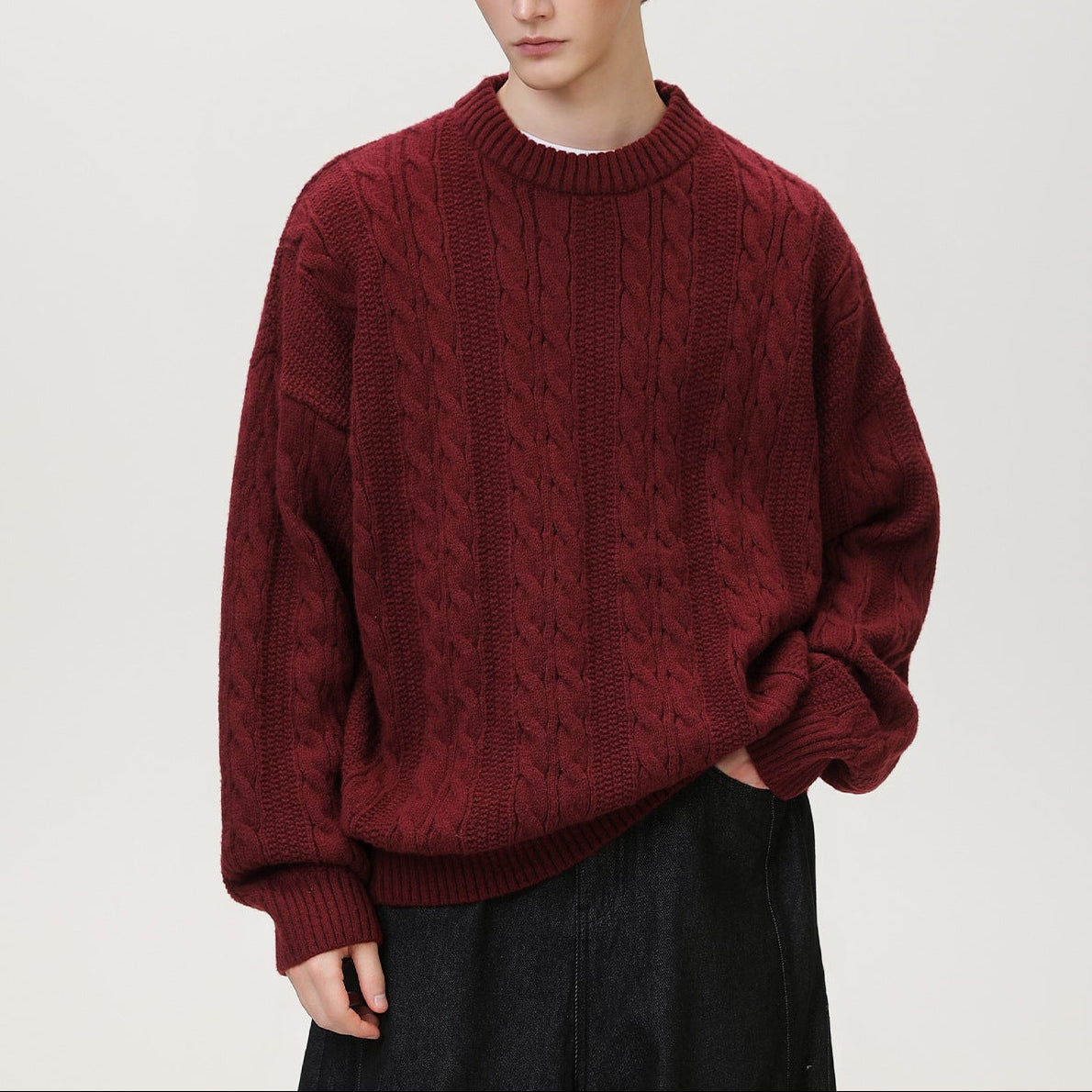 Axel | Men's Cable Knit Sweater Burgundy Crew Neck