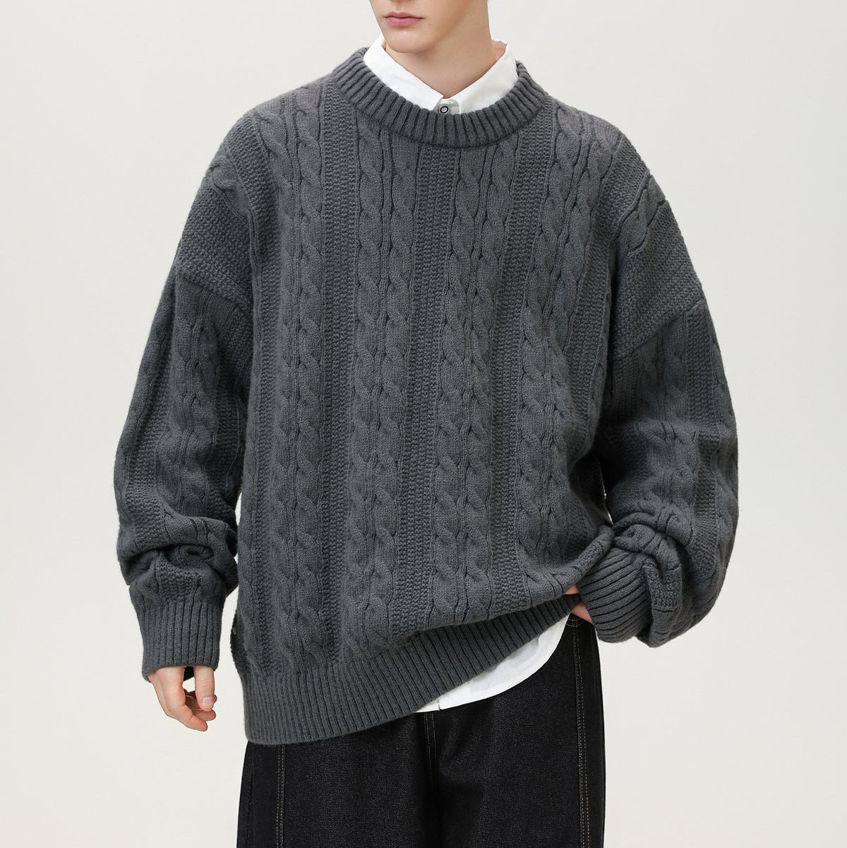 Axel | Men's Cable Knit Sweater Burgundy Crew Neck
