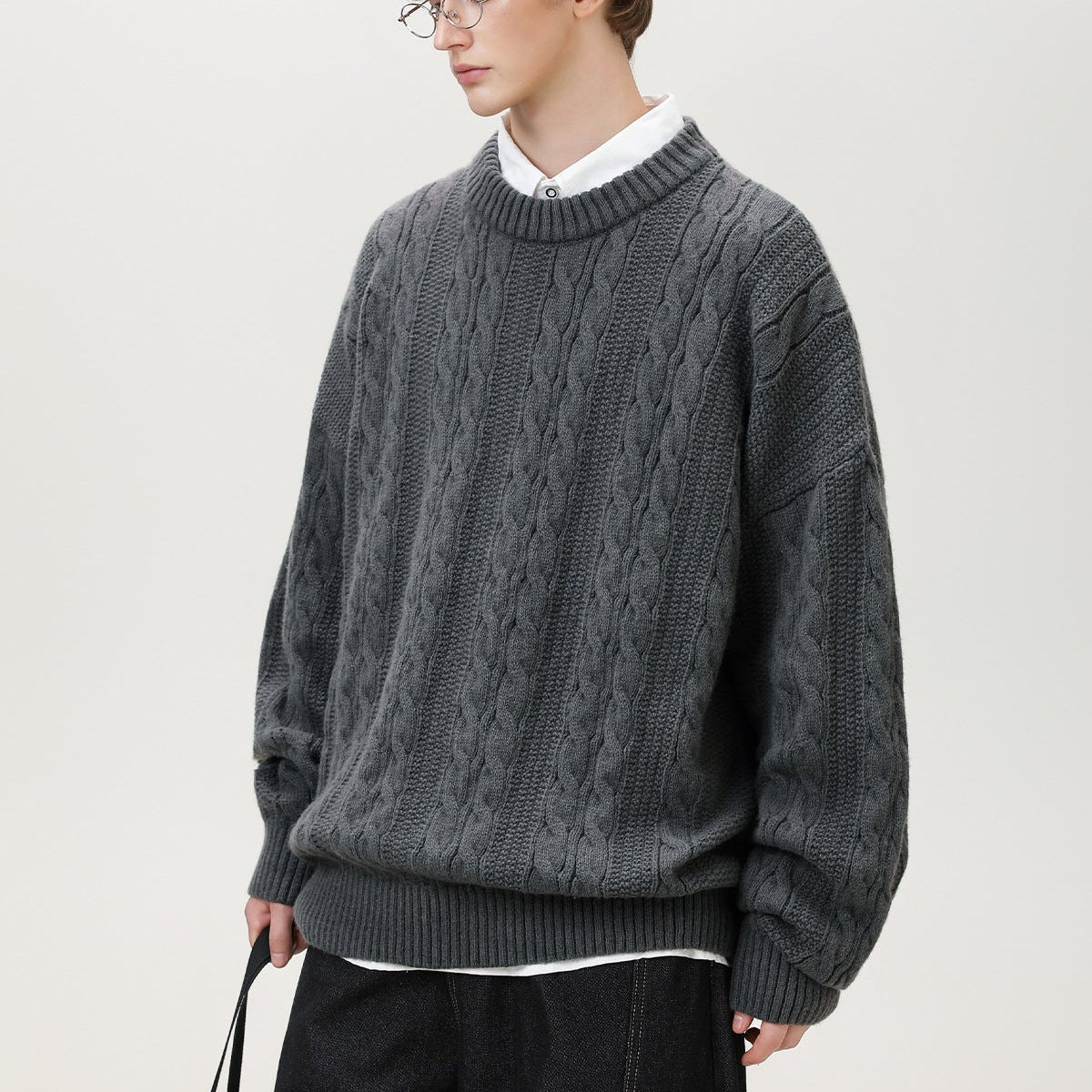 Axel | Men's Cable Knit Sweater Burgundy Crew Neck