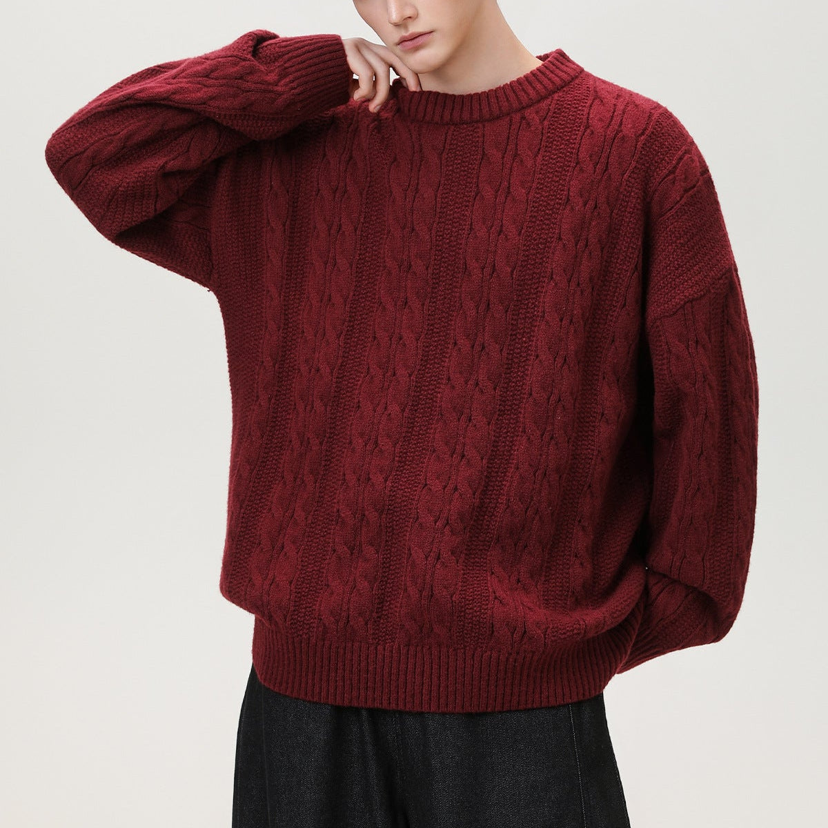 Axel | Men's Cable Knit Sweater Burgundy Crew Neck