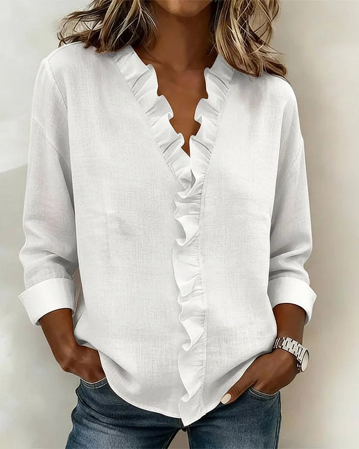 Camille | Women's Ruffle V Neck Blouse Pink Long Sleeve