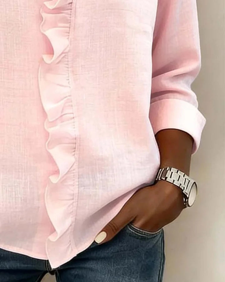 Camille | Women's Ruffle V Neck Blouse Pink Long Sleeve