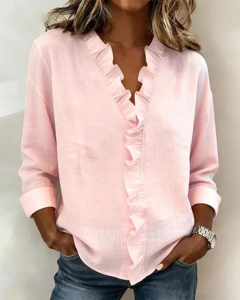 Camille | Women's Ruffle V Neck Blouse Pink Long Sleeve