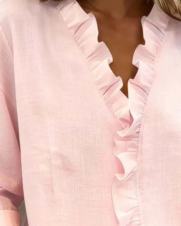 Camille | Women's Ruffle V Neck Blouse Pink Long Sleeve