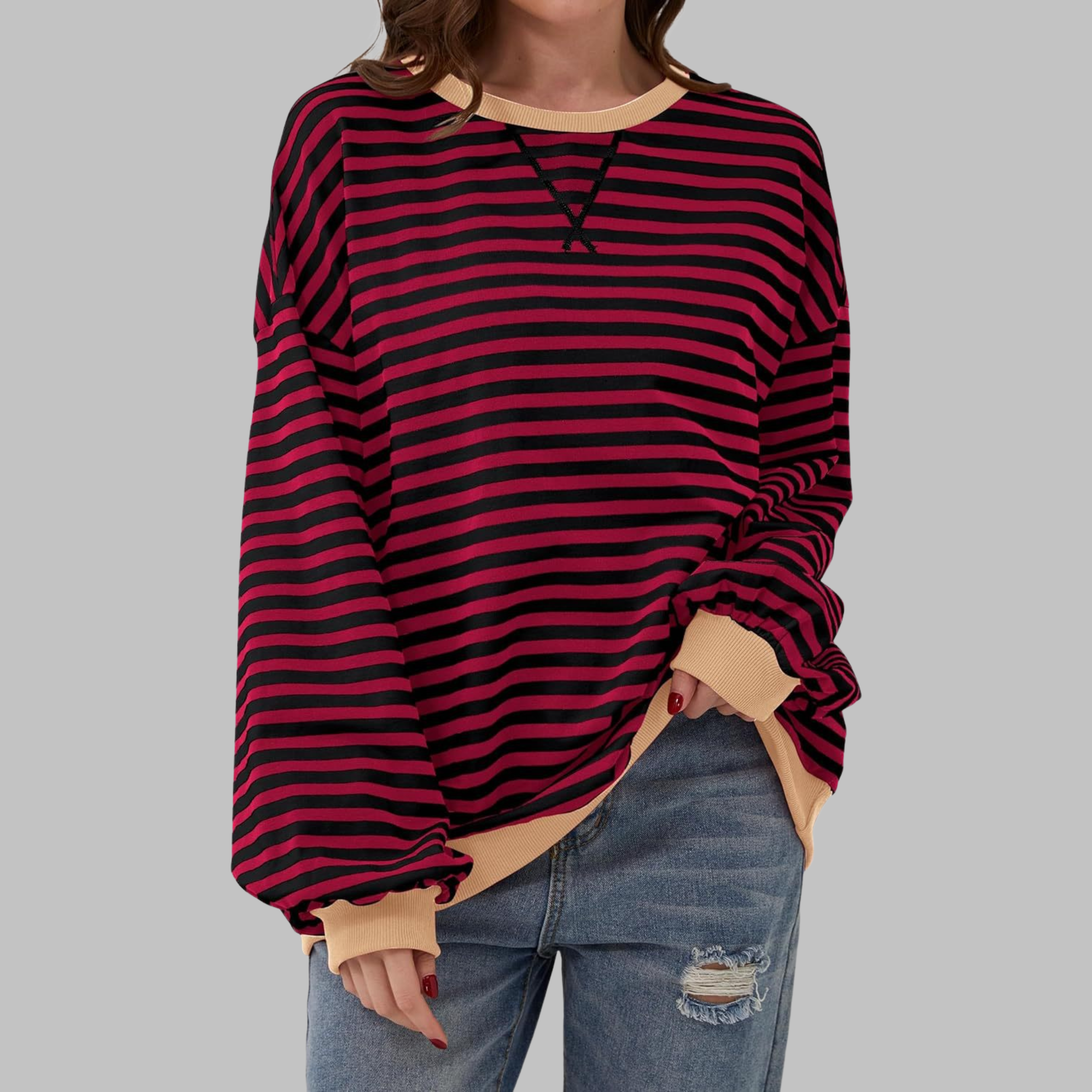 Lola | Women's Striped Long Sleeve Sweater Black White Blue Trim