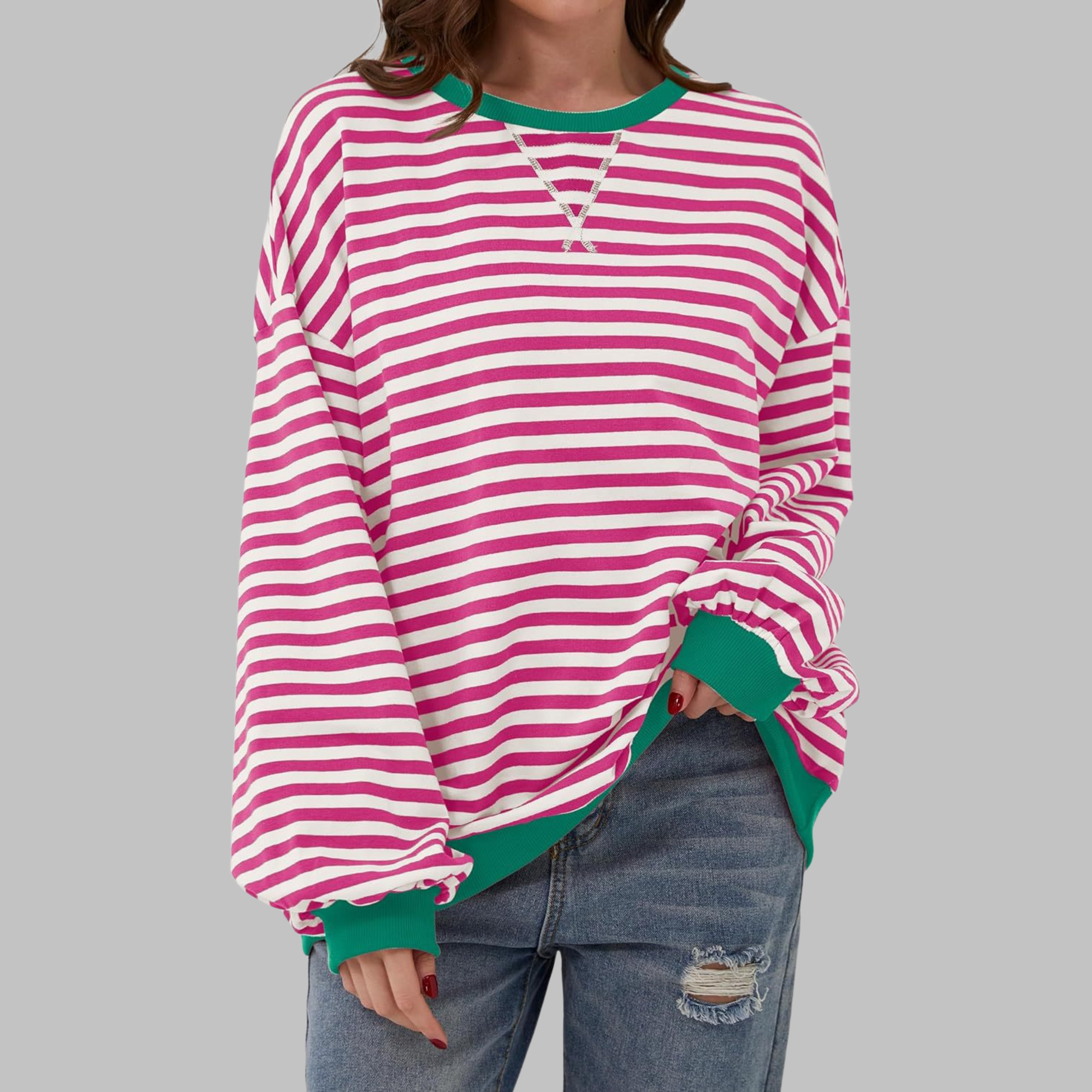 Lola | Women's Striped Long Sleeve Sweater Black White Blue Trim